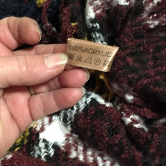 Navy burgundy yellow white plaid infinity scarf with fringe. - Picture 3 of 4